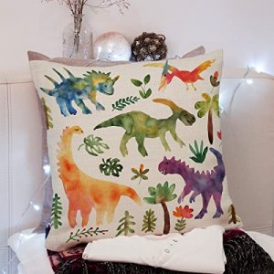 Dinosaur Throw Pillow Covers, Gift for Girls Boys Kids Children Toddler Dinosaur Lovers, Cute Dino Decor, Cotton Linen Cushion Case for Nursery Sofa 