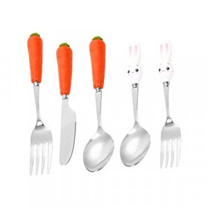 KESYOO 5PCS Stainless Steel Flatware Silverware Cutlery Set Easter Bunny Carrot Fork Spoon Eating Utensils Tableware with Ceramic Handle for Kids Hom