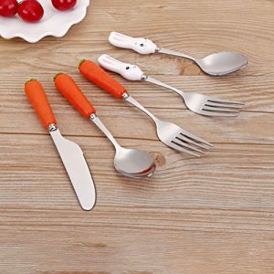 KESYOO 5PCS Stainless Steel Flatware Silverware Cutlery Set Easter Bunny Carrot Fork Spoon Eating Utensils Tableware with Ceramic Handle for Kids Hom