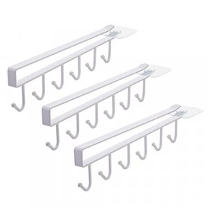 6-Hook Coffee Cup Mug Holder Hanger - Under Cabinet or Shelf Mount -  Punch-Free Installation - White/Black