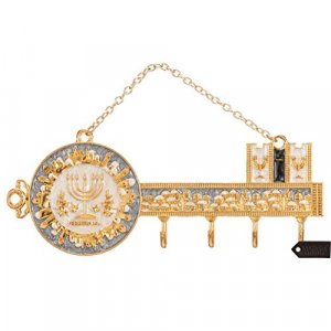 Matashi Hand-Painted Grey and Ivory Enamel Menorah and Jerusalem Cityscape Design Decorative Hanging Wall Hooks for Entryway Hallway Bedroom Kitchen 