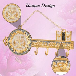 Matashi Hand-Painted Grey and Ivory Enamel Menorah and Jerusalem Cityscape Design Decorative Hanging Wall Hooks for Entryway Hallway Bedroom Kitchen 