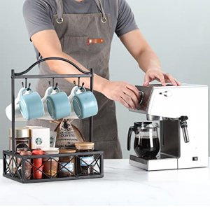 ABATIA Coffee Mug Holder, Countertop Coffee Pod Spice Rack, Mug Tree Coffee Cup Holder with Fruit Basket, Home Storage Mug Hooks, Black