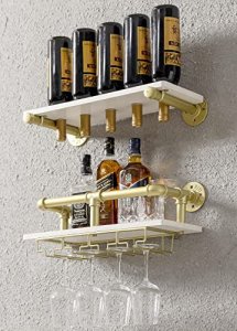 WAKI HOME Industrial Wall Mounted Wine Rack, Wine Bottle Stemware Glass Rack, Floating Wood Shelf Pipe Hanging Shelving with Glass Holders for Wine G