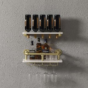 WAKI HOME Industrial Wall Mounted Wine Rack, Wine Bottle Stemware Glass Rack, Floating Wood Shelf Pipe Hanging Shelving with Glass Holders for Wine G