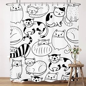 LIGHTINHOME Cartoon Cat Shower Curtain 60Wx72H Inches Black White Lovely Kitten Funny Animal Cute Kids Modern Abstract Cat-Lovers Bathroom Home Decor