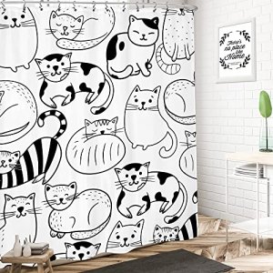 LIGHTINHOME Cartoon Cat Shower Curtain 60Wx72H Inches Black White Lovely Kitten Funny Animal Cute Kids Modern Abstract Cat-Lovers Bathroom Home Decor
