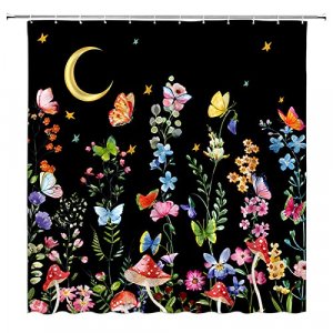 ZKJSMGS Boho Floral Plant Shower Curtain Rustic Flower Green Leaves Mushroom Moon Star Moonlight Garden Retro Black Butterfly Botanical Aesthetic Bat