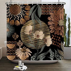 Abstract Floral Boho Shower Curtain Bohemian flower Sun geometry Mid Century Modern Aesthetic Black Shower Curtains for Bathroom Bathtub Home Decor W
