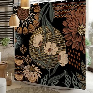 Abstract Floral Boho Shower Curtain Bohemian flower Sun geometry Mid Century Modern Aesthetic Black Shower Curtains for Bathroom Bathtub Home Decor W