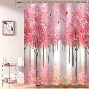 JNWKGN Pink Shower Curtain Lovely Forest Pink Floral Nature Trees Bath Curtain with Hooks Cute Romantic Flowers Bathroom Curtains Waterproof Polyeste