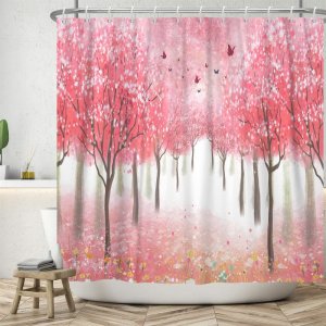 JNWKGN Pink Shower Curtain Lovely Forest Pink Floral Nature Trees Bath Curtain with Hooks Cute Romantic Flowers Bathroom Curtains Waterproof Polyeste