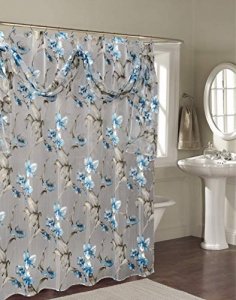 BH Home & Linen Decorative Sheer Scarf Shower Curtain with Floral & Striped Designs 70