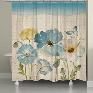 Laural Home Teal Watercolor Poppies Shower Curtain, Blue/Beige