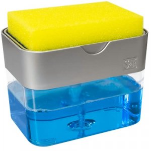 S&T INC. Dish Soap Dispenser and Sponge Holder for Kitchen Sink, Sponge  Included, 13 Ounces, Metallic Silver