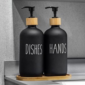 Dish Soap Dispenser and Hand Soap Dispenser with Bamboo Pump and Tray 16 Oz  Matte White Soap Dispenser Set for Kitchen Sink