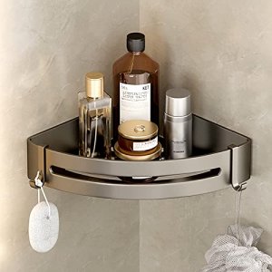 Corner Shower Caddy, 1 Tier Shower Caddy Corner Adhesive Bathroom Caddy Storage, Aluminum Shower Shelves with Removable Hooks, Wall Mounted Shower Or