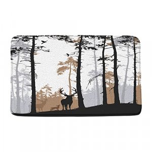 Deer Forest Bath Mat Wild Animal Deer Elk Moose Pine Tree Forest Silhouette Rustic Lodge Cabin Hunting Camping Country Black Brown Bathroom Decor Rug