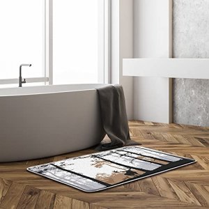 Deer Forest Bath Mat Wild Animal Deer Elk Moose Pine Tree Forest Silhouette Rustic Lodge Cabin Hunting Camping Country Black Brown Bathroom Decor Rug