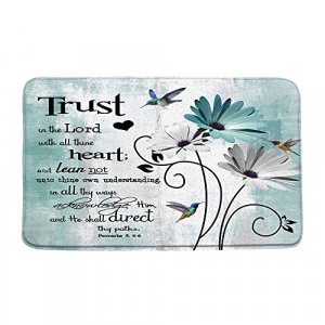 Rustic Farmhouse Floral Bath Mat Teal Daisy Flower Hummingbird Inspirational Quotes on Country Wooden Turquoise Blue Bathroom Microfiber Memory Foam 