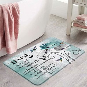 Rustic Farmhouse Floral Bath Mat Teal Daisy Flower Hummingbird Inspirational Quotes on Country Wooden Turquoise Blue Bathroom Microfiber Memory Foam 