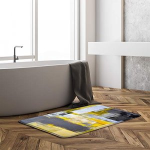 AMFD Gray and Yellow Bath Mat Abstract Art Grunge Style Brushstrokes Oil Painting Ombre Design Modern Home Bathroom Shower Mat Kitchen Rug Microfiber