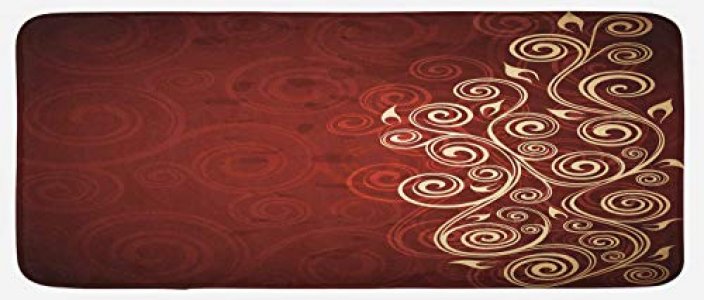 Ambesonne Burgundy Kitchen Mat, Floral Swirls Ivy Image Ombre Details Grunge Backdrop Flower Artwork, Plush Decorative Kitchen Mat with Non Slip Back