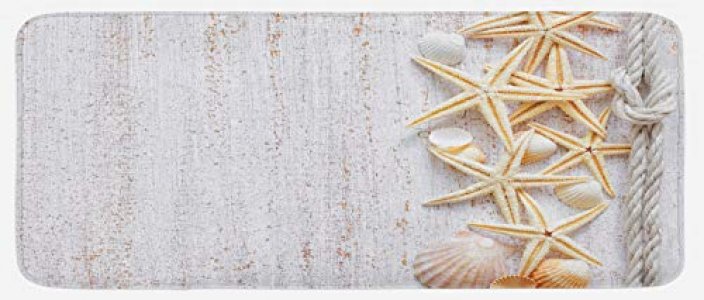 Ambesonne Seashells Kitchen Mat, Starfish Marine in Vertical Direction Wood Surface Ocean Beach Nautical Print, Plush Decorative Kitchen Mat with Non