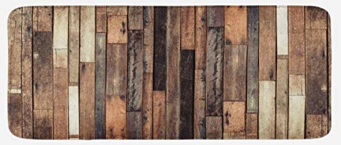 Ambesonne Wooden Kitchen Mat, Brown Old Hardwood Floor Plank Grunge Lodge Garage Loft Natural Rural Graphic Print, Plush Decorative Kitchen Mat with 