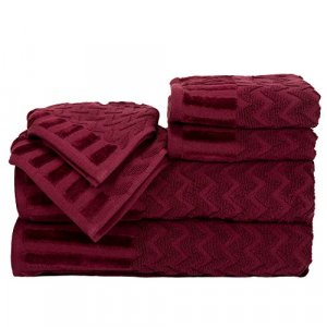 Lavish Home 6-Piece Cotton Deluxe Plush Bath Towel Set  Chevron Pattern Plush Sculpted Spa Luxury Decorative Body, Hand and Face Towels (Burgundy)