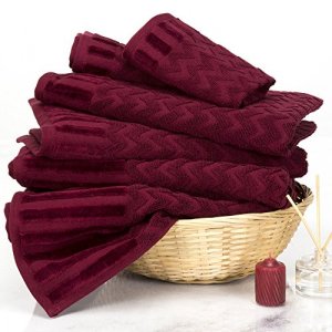 Lavish Home 6-Piece Cotton Deluxe Plush Bath Towel Set  Chevron Pattern Plush Sculpted Spa Luxury Decorative Body, Hand and Face Towels (Burgundy)