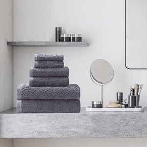 Superior Denim Wash 100% Cotton 550 GSM 6 Piece Bath Towel Set, 2 Face, 2 Hand, 2 Bath Towels, Ideal for Bathroom, Kitchen or Beach, Quick Dry, Jacqu