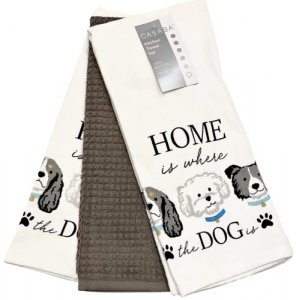 Kitchen Towel Set for Dog Lovers with Adorable Pups and Inscribed Home is Where The Dog is | 3 Piece Set / 18