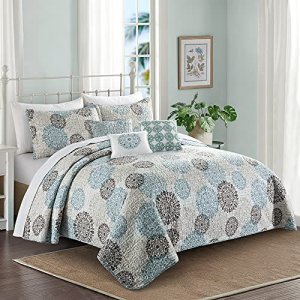 Home Soft Things 6 Piece Marina Medallion Printed Microfiber Quilts Coverlet Set Queen 90