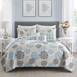 Home Soft Things 6 Piece Marina Medallion Printed Microfiber Quilts Coverlet Set Queen 90