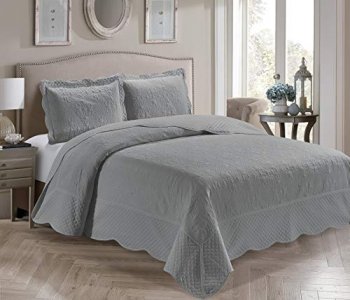Home Collection 3 Piece Full/Queen Over Size Embossed Solid Grey Coverlet Bedspread New # Veronica
