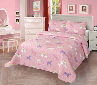 Better Home Style Multicolor Pink Purple White Unicorn Unicorns Rainbow Design Kids/Girls/Toddler Coverlet Bedspread Quilt Set with Sham # Rainbow Un