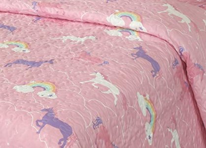 Better Home Style Multicolor Pink Purple White Unicorn Unicorns Rainbow Design Kids/Girls/Toddler Coverlet Bedspread Quilt Set with Sham # Rainbow Un