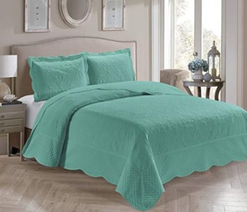 Home Collection 3 Piece Full/Queen Over Size Embossed Solid Aqua Blue Color Coverlet Bedspread New # Veronica
