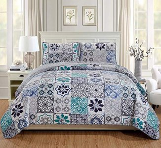 Mk Home 3pc King/California King Oversized Quilted Bedspread Coverlet Set Floral Pattern White Grey Blue New