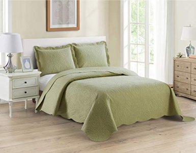 Better Home Style 3 Piece Luxury Ultrasonic Embossed Floral Design Solid Color Quilt Coverlet Bedspread Oversized Bed Cover Set # Mimi (Sage Green, K