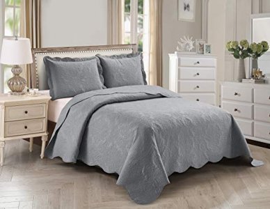 Better Home Style 3 Piece Luxury Floral Ultrasonic Embossed Solid Color Quilt Coverlet Bedspread Oversized Bed Cover Set # Stacy (Grey, King/Cal-King