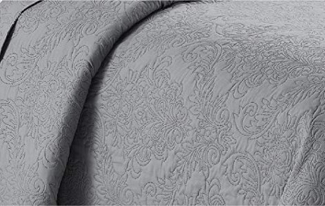 Better Home Style 3 Piece Luxury Floral Ultrasonic Embossed Solid Color Quilt Coverlet Bedspread Oversized Bed Cover Set # Stacy (Grey, King/Cal-King
