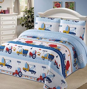 Better Home Style White Blue Red Construction Site Kids/Boys/Toddler Coverlet Bedspread Quilt Set with Pillowcases and Tractor Dump Truck Cement Mixe