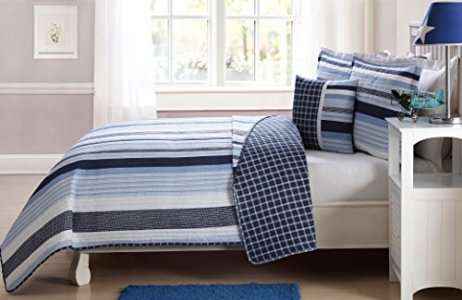 Elegant Home Multicolor Navy Light Blue White Elegant Striped Stripes Design Printed Reversible Colorful 3 Piece Quilt Bedspread Bedding Set with Dec