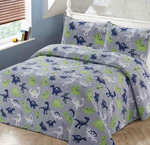 Better Home Style Grey Blue and Green Dinosaurs Dinosaurs World Kids/Boys/Toddler Coverlet Bedspread Quilt Set with Pillowcases # Dino Lime (Queen/Fu