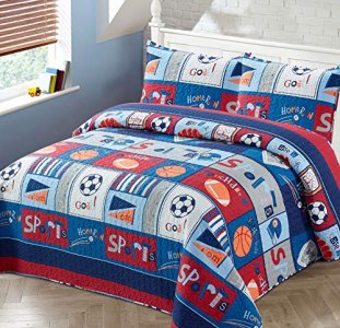 Better Home Style Red White and Blue Varsity Sports Themed Kids/Boys/Toddler Coverlet Bedspread Quilt Set with Pillowcases and Football Soccer and Ba