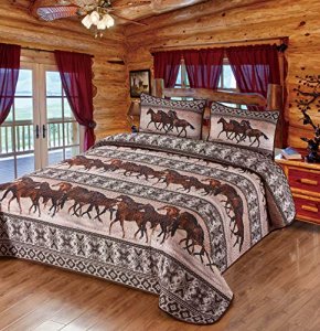 LL Home Horse Valley Herd Southwestern Native Quilt Bedding Set - Size: Queen Quilt + 2 Pillow Shams, Brown/Beige/Gray