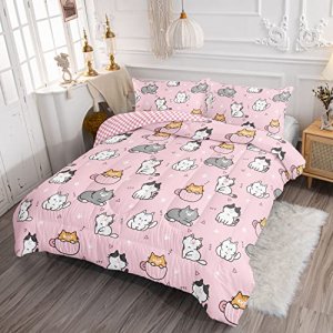 Datura home Pink Kawaii Cat Comforter Bedding Set for Girls Lovely Kitten Pink Print Cute Animal Pattern Bedding Set with 1 Comforter and 2 Pillowcas
