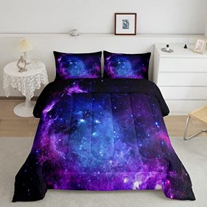 Erosebridal Purple Galaxy Bedding Down Comforter Set Kids Teens Girls Boys Starry Sky Space Universe Star Design Comforter Set,Soft Home Decorative 3
